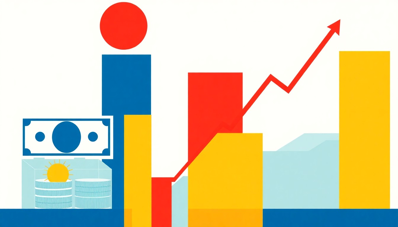 A dynamic abstract composition of overlapping triangles and circles in shades of blue, red, and yellow, conveying a sense of economic growth and stability without any literal financial imagery.