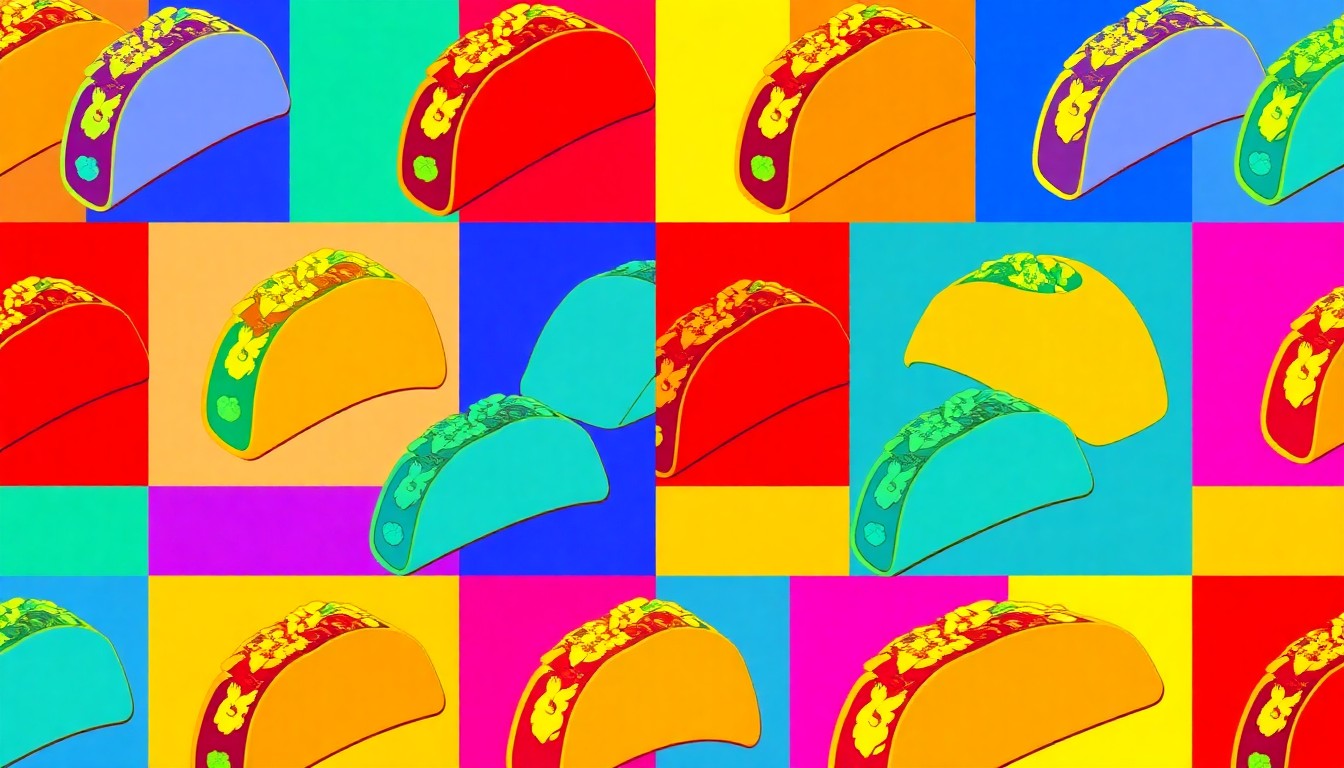 A high-contrast, silkscreen-style illustration of a single taco or tamale item repeated in a grid pattern, using a bold, neon color palette to capture the festive energy of a Mexican food celebration.