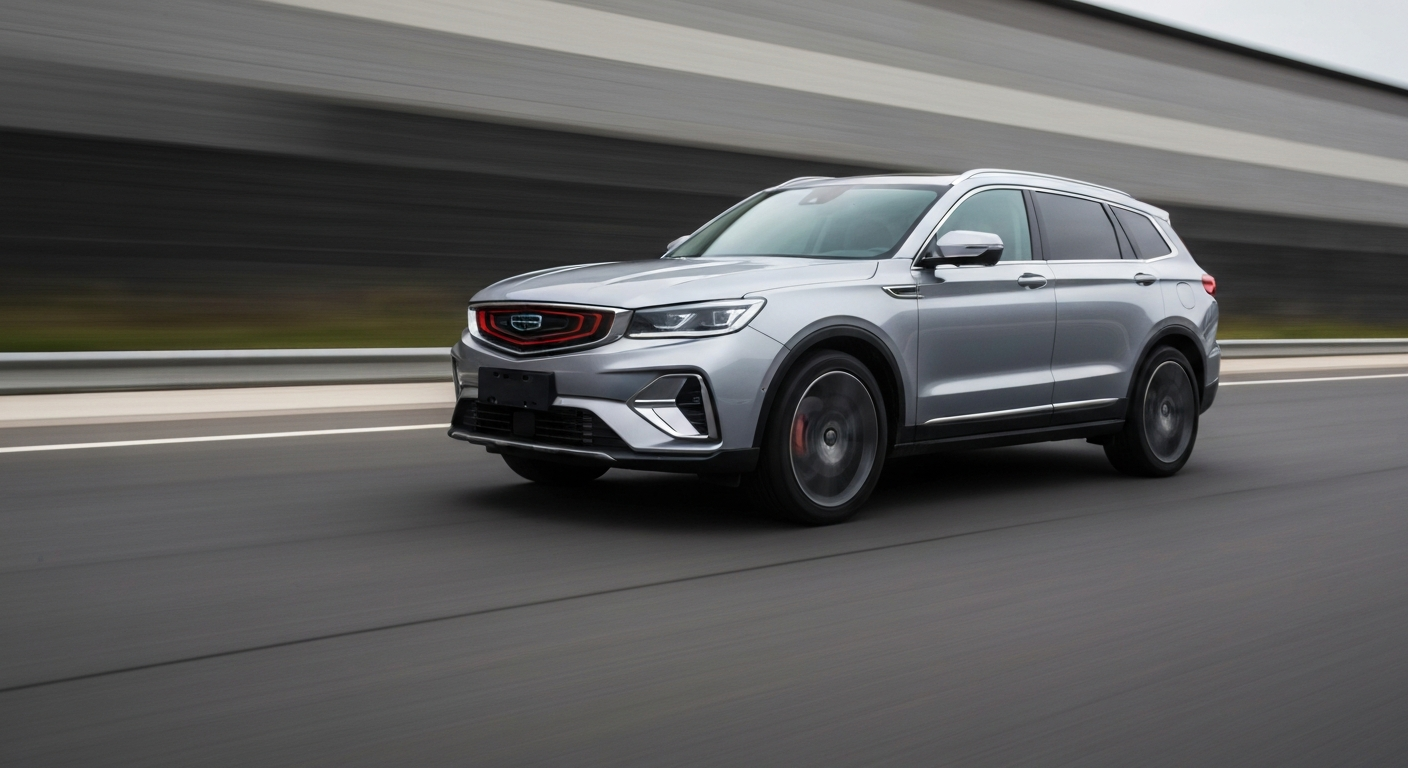 An abstract, blurred color photograph capturing the dynamic motion of a Geely SUV, conveying a sense of speed and advanced automotive engineering.