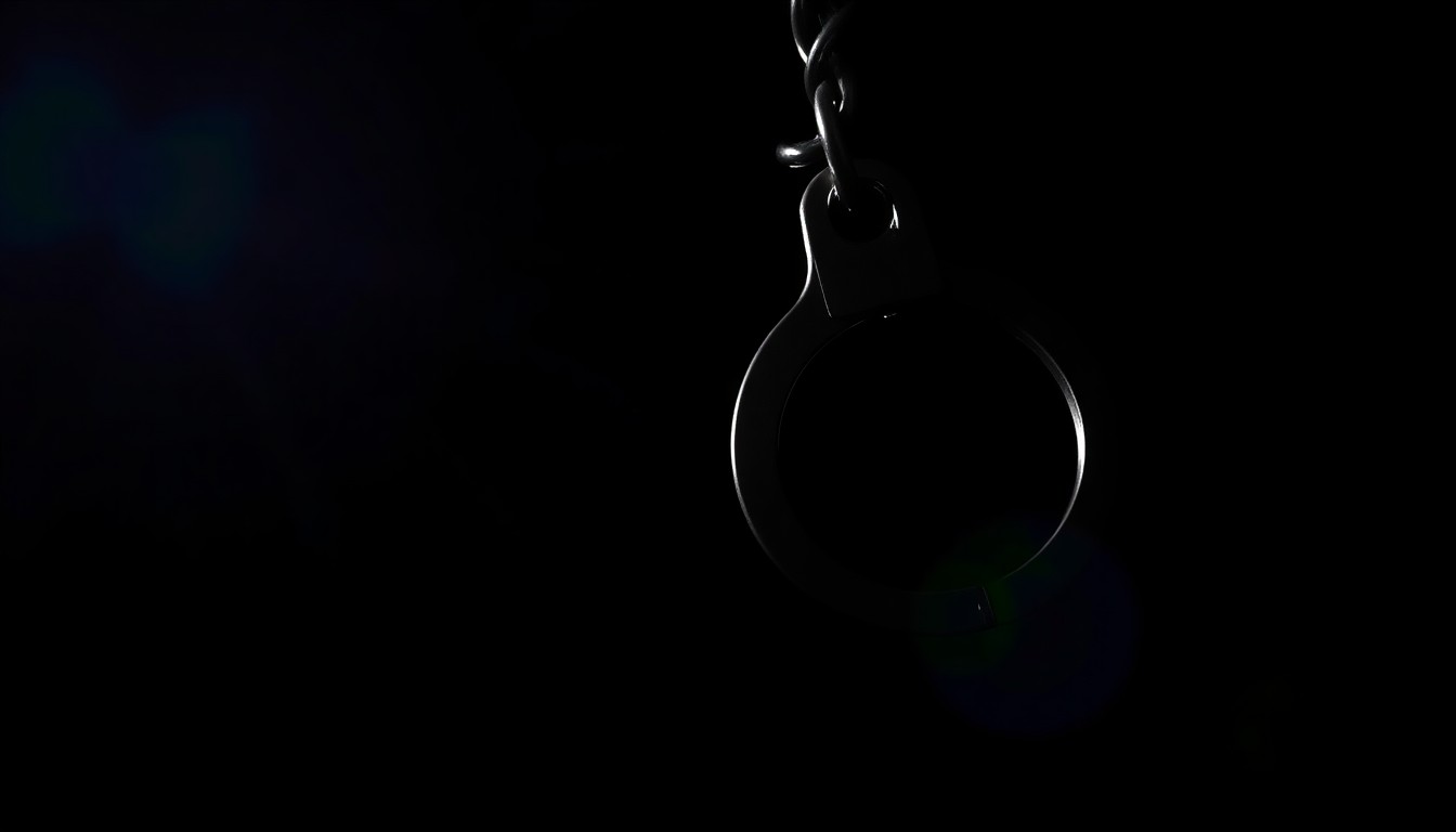 An extreme close-up photograph of a handcuff or other law enforcement equipment against a pitch-black background, lit by a harsh, direct camera flash to create a stark, gritty, investigative aesthetic, conceptually representing the arrest of a suspected child predator.