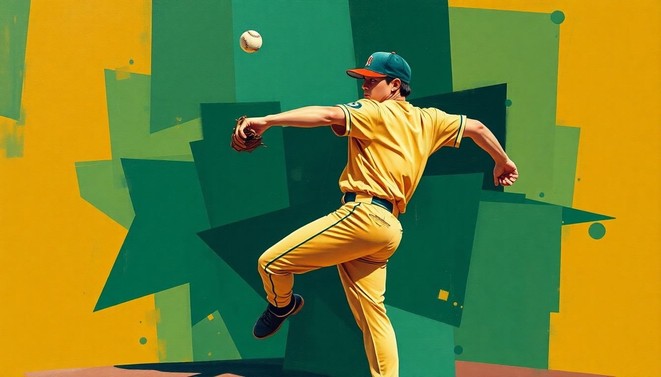 A fragmented, cubist-style painting depicting the motion of a high school softball pitcher, with sharp geometric shapes in earthy tones representing the dynamic movements of the player.
