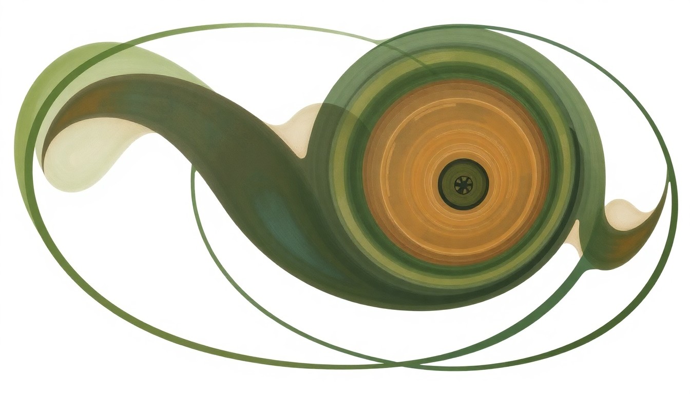 A highly structured abstract painting in muted earthy tones, featuring sweeping geometric arcs, concentric circular forms, and precise botanical spirals, conveying the complex technical precision of nuclear fuel cycle processes and safeguarding capabilities.