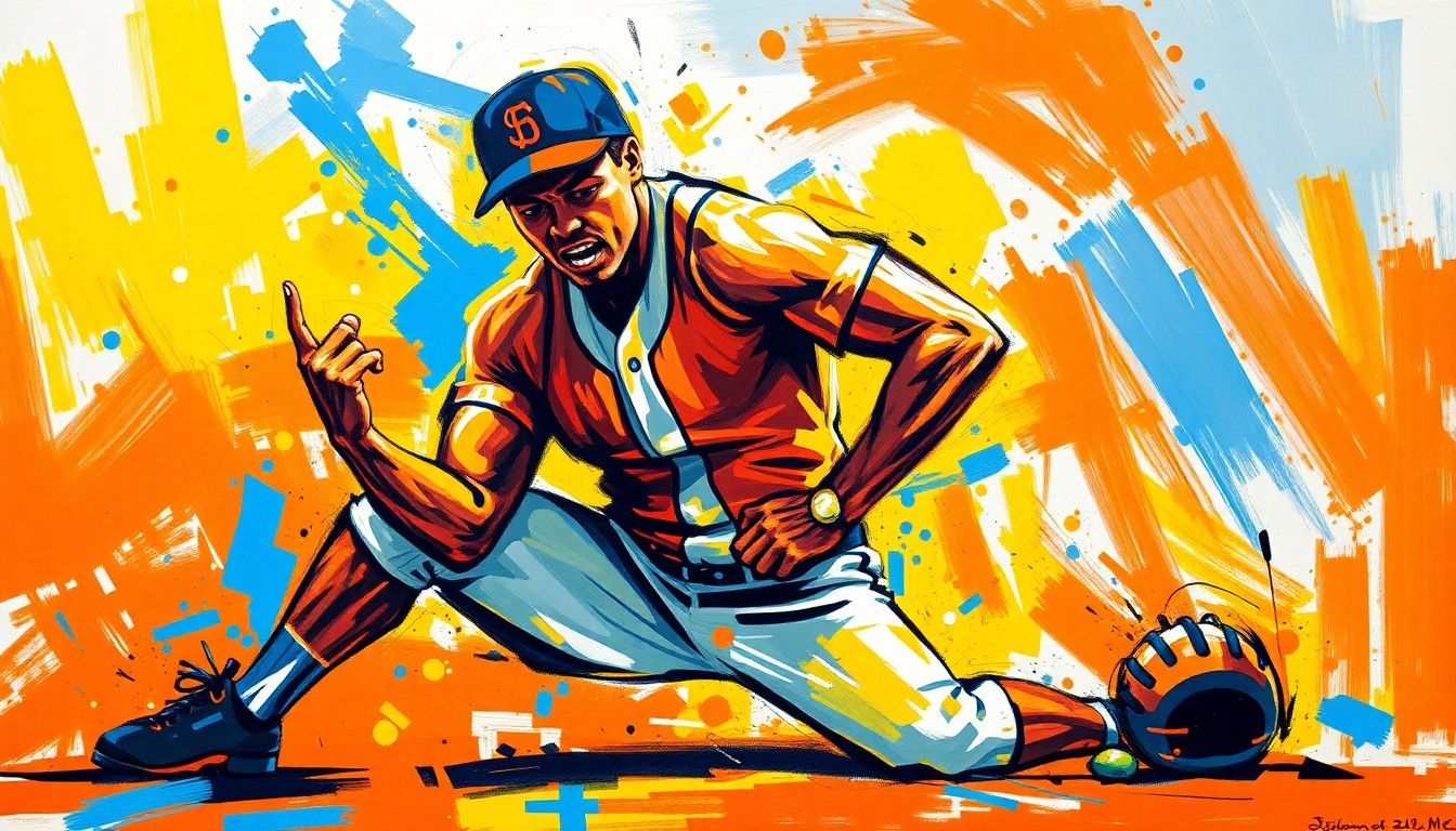 An abstract, expressionist painting in neon colors, featuring bold, sweeping brushstrokes that capture the energy and emotion of a baseball player in a dramatic, kneeling pose.