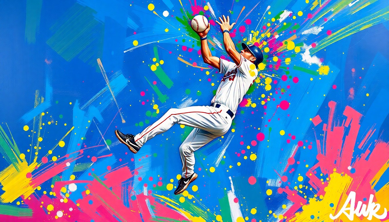 An abstract, expressionist painting depicting the dynamic motion and energy of Cody Bellinger's leaping catch, with the baseball and his outstretched limbs blending into a vibrant, colorful blur.