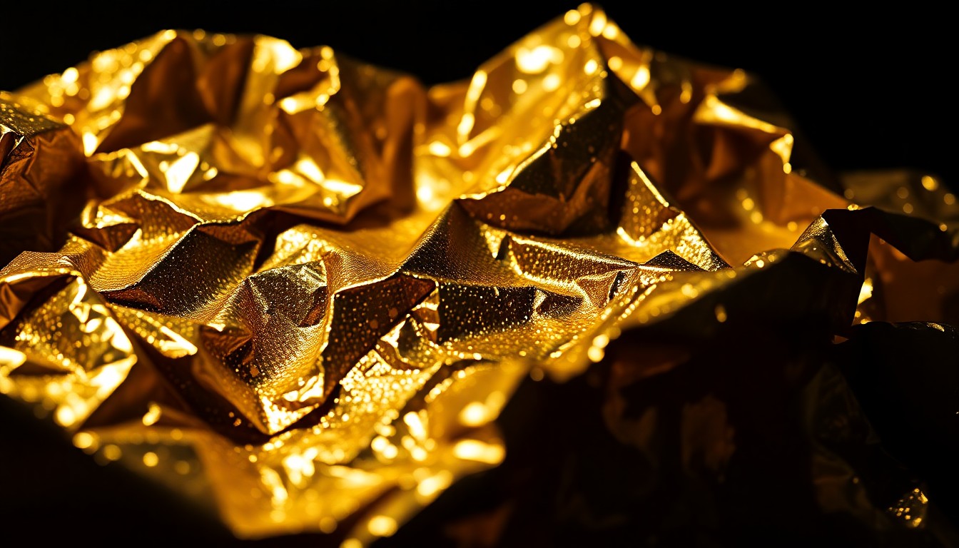 An abstract close-up photograph of shimmering, crumpled gold foil under dramatic studio lighting, conveying the high-stakes glamour and expectations of the music industry.