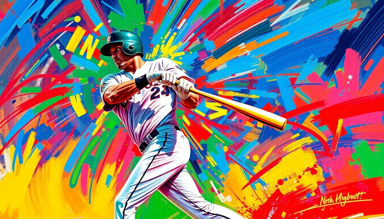 An abstract, energetic painting with bold, neon-colored brushstrokes capturing the powerful motion and raw athleticism of a baseball player swinging and connecting with the ball, the scene dissolving into an expressionistic blur of movement and color.