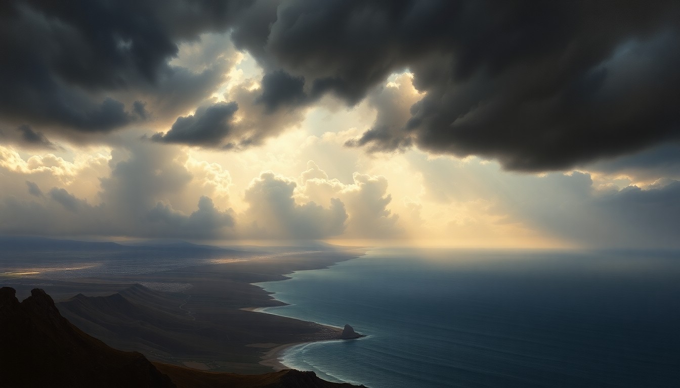 A sweeping, atmospheric landscape painting depicting the San Diego coastline under a dramatic, stormy sky, with the natural elements dwarfing the physical landscape.