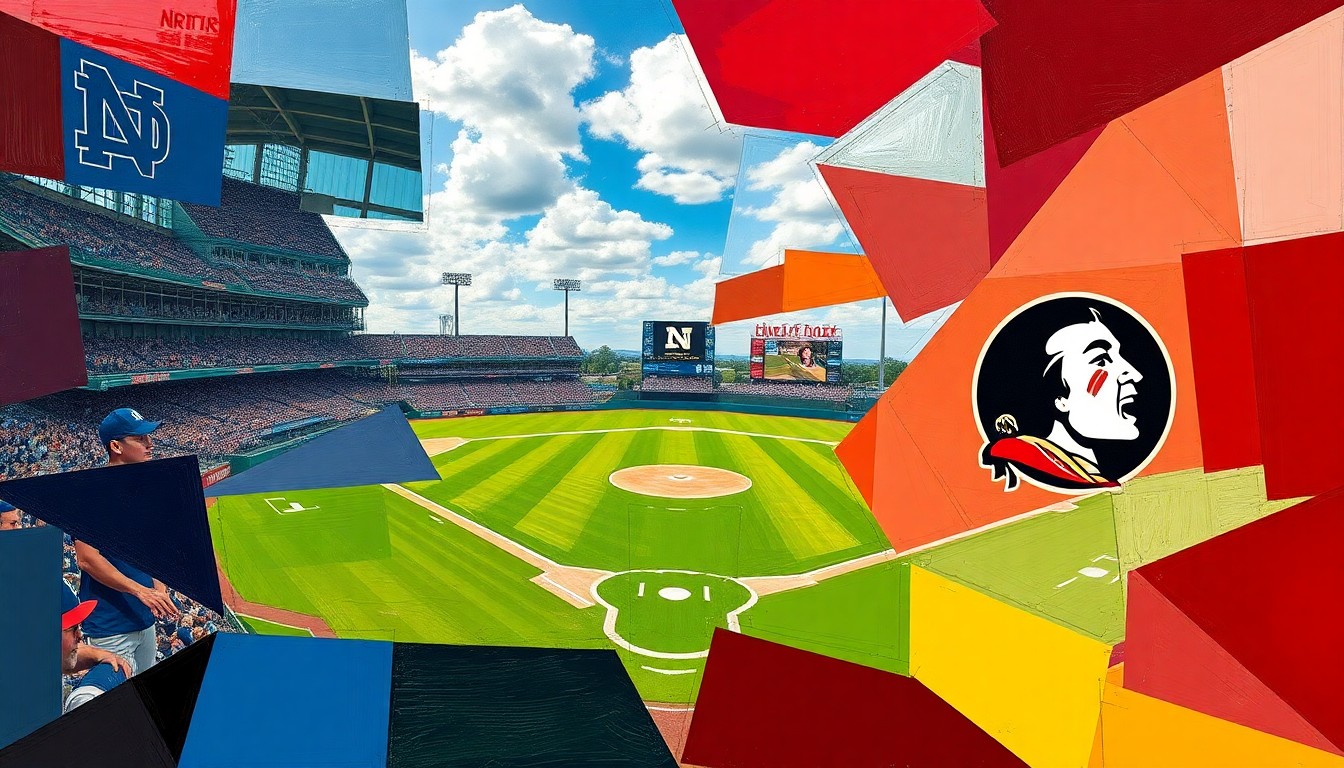 A fragmented, cubist-style painting depicting a college softball game, with sharp geometric shapes and planes in the team colors of Notre Dame and Florida State.