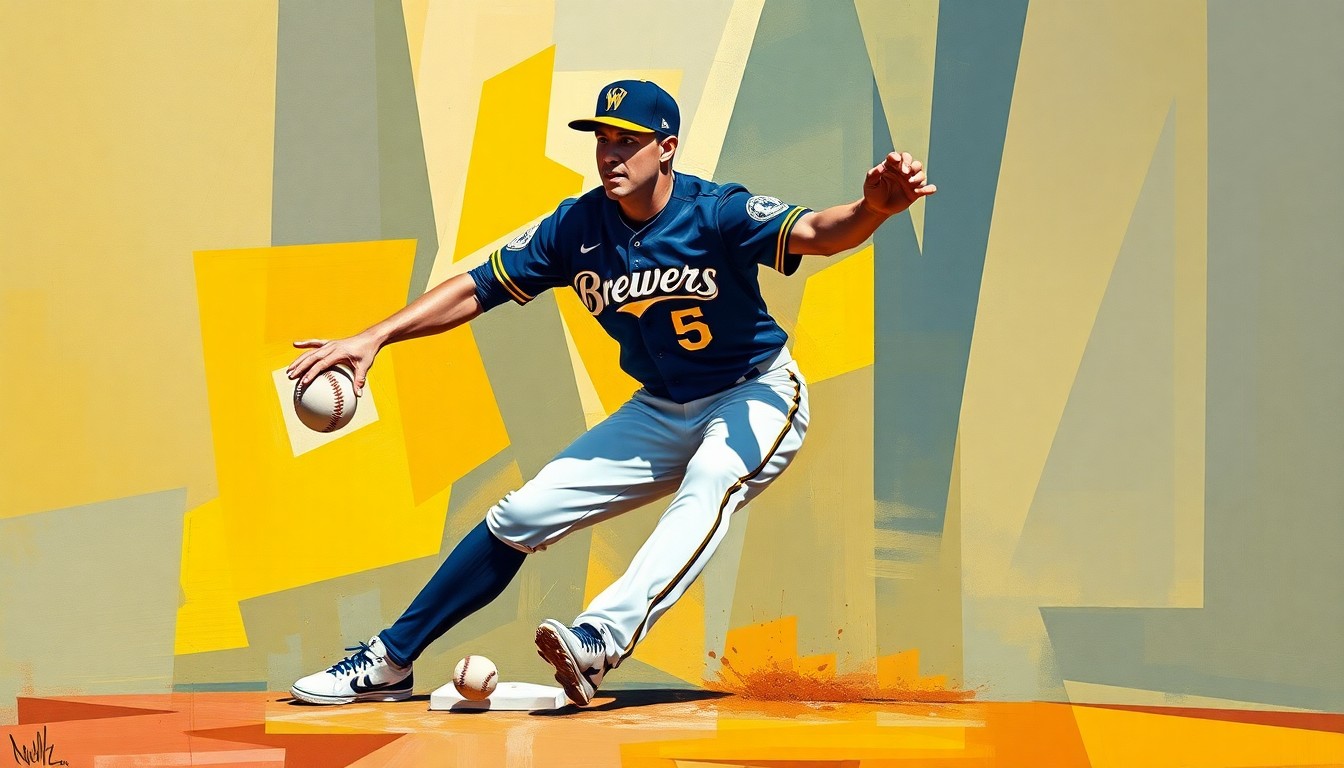 A cubist-style painting depicting a baseball shortstop in motion, with the player's body and the baseball broken down into overlapping geometric shapes and planes in the Brewers' team colors.