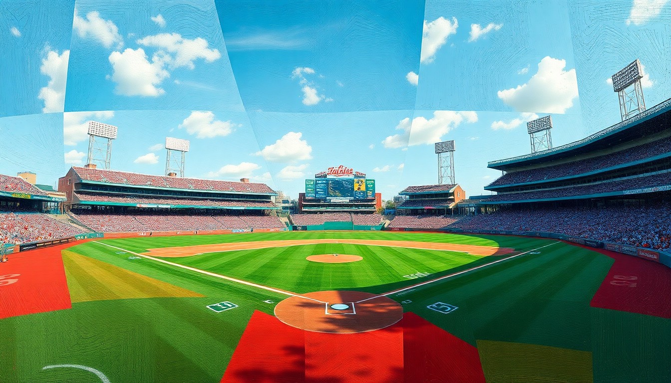 A fragmented, geometric painting depicting the elements of a college baseball game - the field, players, and sky - broken down into sharp, overlapping planes of color, capturing the disruption of a weather delay.