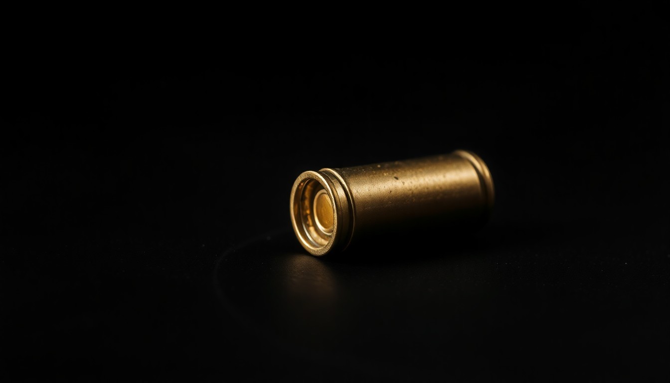An extreme close-up photograph of a single spent bullet casing on a dark, textured surface, lit by a harsh, direct camera flash, conceptually illustrating the aftermath of a shooting incident.