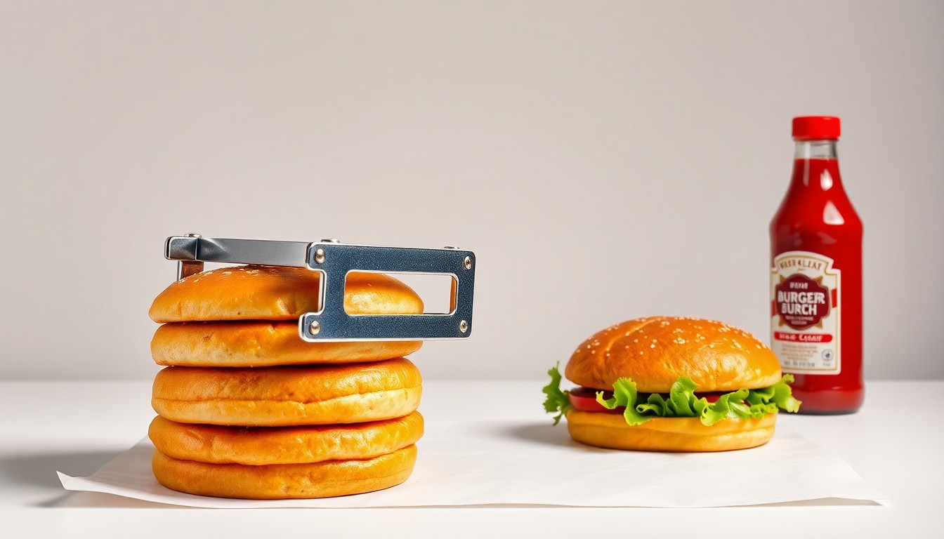 A photorealistic studio still life featuring premium burger buns, a metal patty press, and a bottle of ketchup, symbolizing the potential opening of an In-N-Out Burger restaurant in the Portland region.