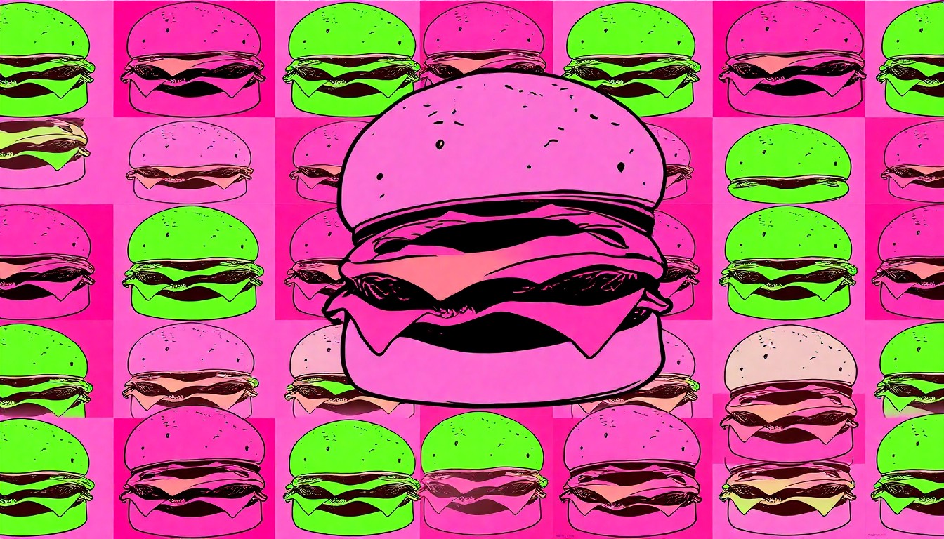 A highly stylized, abstract illustration of a hamburger in a repeating grid pattern, using bold, neon-like colors and heavy black outlines to capture the essence of a signature local dish.