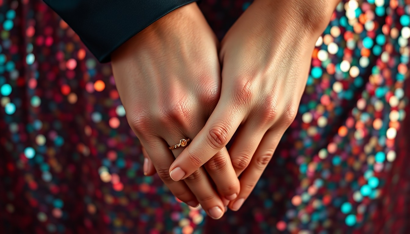 An extreme, abstract close-up photograph of interlocked hands adorned with a delicate gold ring, set against a backdrop of shimmering sequins in deep, jewel-toned colors, conveying the glamour and emotion of a relationship in flux.
