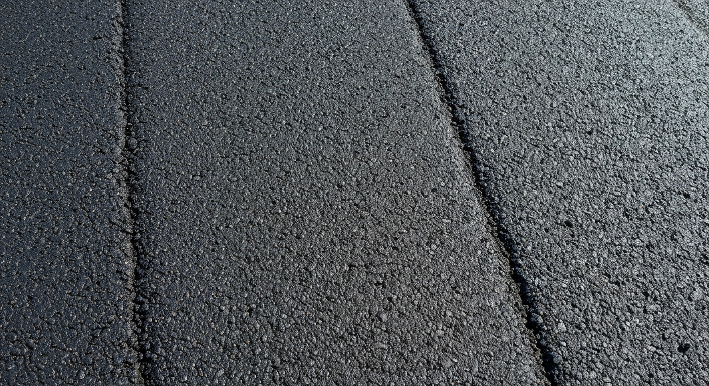 An extreme close-up photograph of the rough, pebbled surface of freshly laid asphalt, conveying the raw materials and engineering behind a major highway construction project.