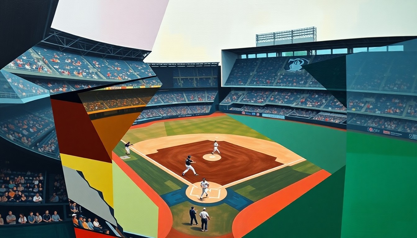 A fractured, multi-perspective painting in vibrant colors, breaking down a baseball game into sharp, overlapping geometric shapes and planes, conceptually representing the Whitecaps' consistent Opening Day success.