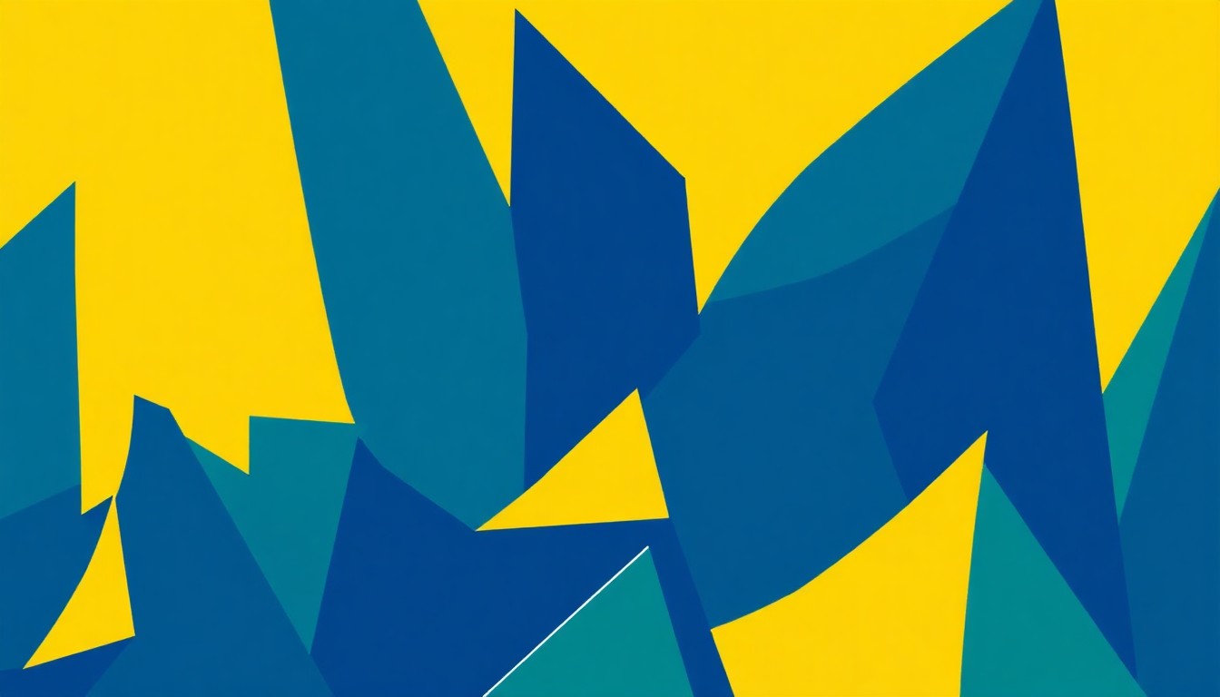 An abstract, minimalist illustration featuring sharp, angular shapes in shades of blue, green, and yellow, conveying the diverse and vibrant musical talents found in Muskegon, Michigan.