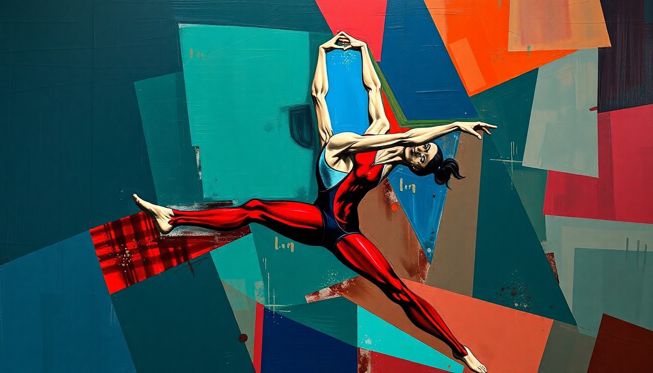 A fragmented, cubist-style painting depicting a gymnast's movements broken down into sharp, angular planes of navy, green, and red, conveying the dynamic energy and skill of collegiate gymnastics.