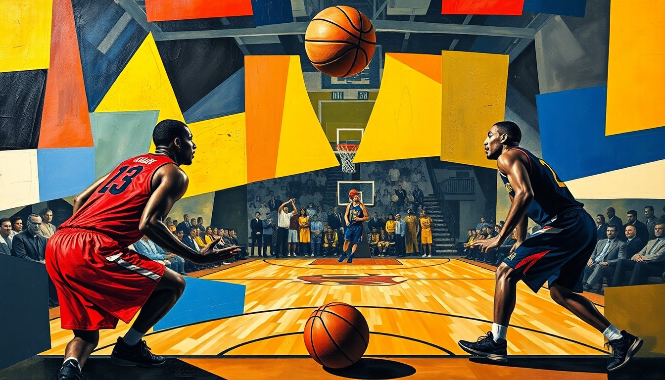 A fragmented, cubist-style painting depicting a basketball game, with the players' forms broken down into sharp, overlapping geometric shapes and the court and ball also abstracted into an angular, multi-perspective composition.