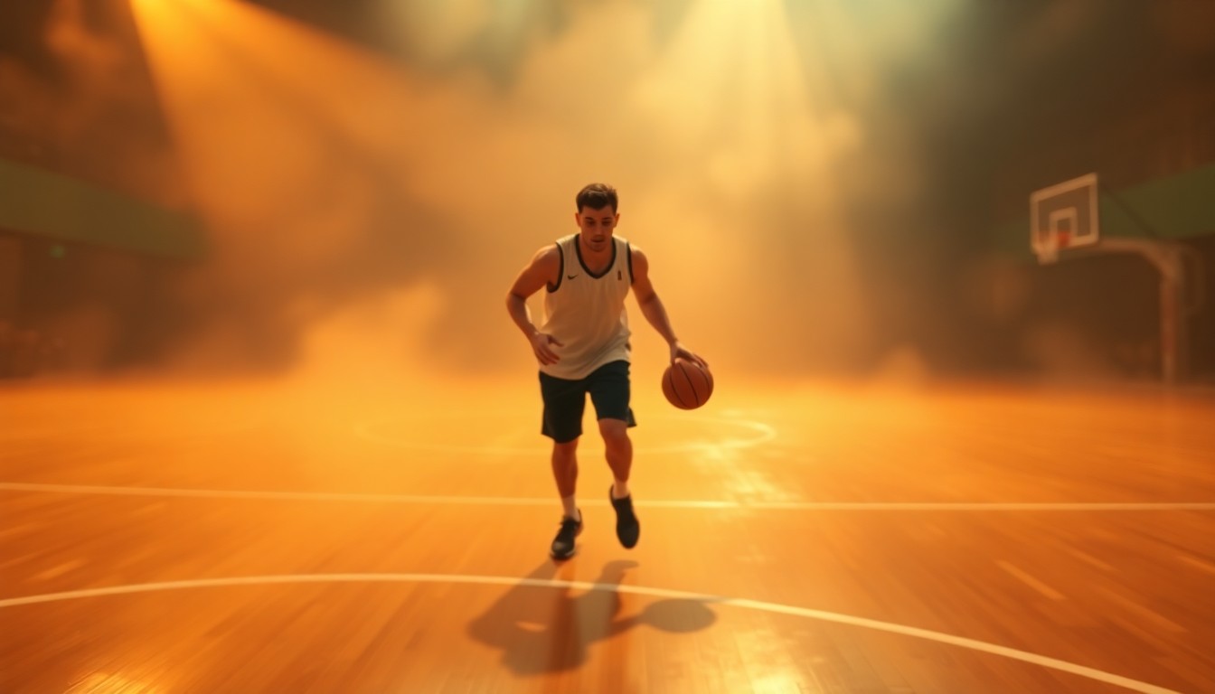 An abstract, out-of-focus photograph of a basketball player dribbling the ball, with warm, soft pools of light and color creating a dreamlike, atmospheric scene that captures the emotion and energy of the Grand Haven girls' basketball team's end-of-season celebration.