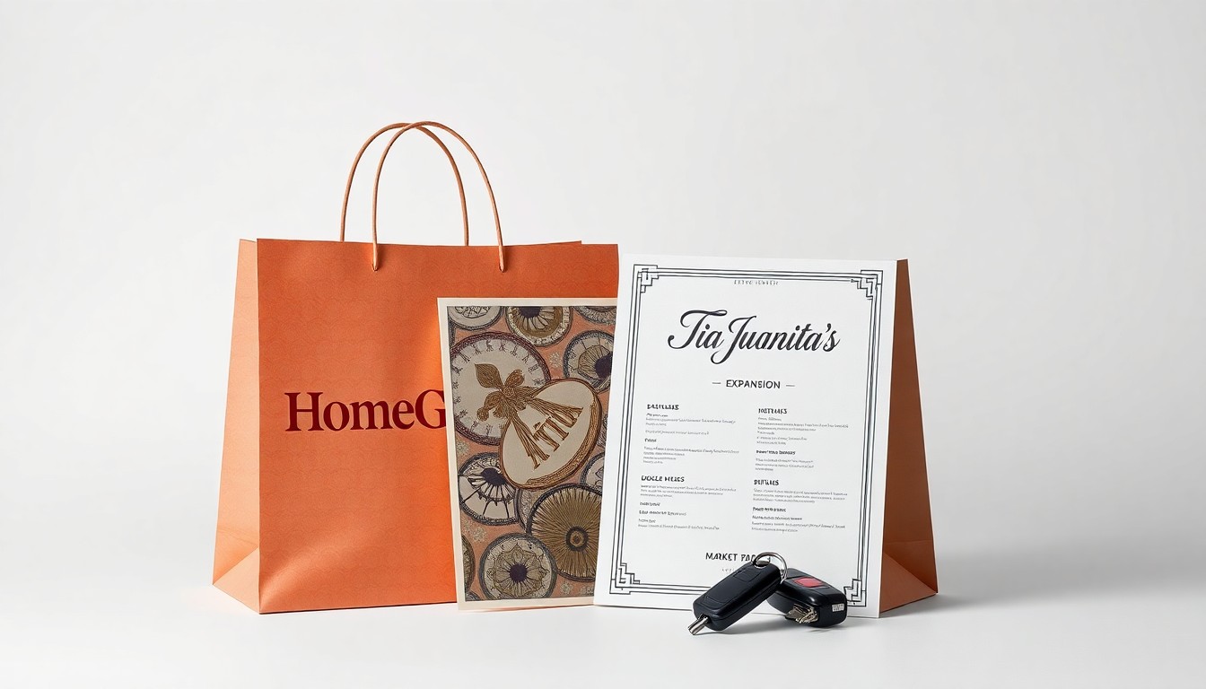 A high-end, photorealistic studio still-life photograph featuring a stack of HomeGoods shopping bags, a Tia Juanita's menu, and a set of car keys on a clean, monochromatic background, conceptually representing the abstract concepts of retail expansion, market competition, and economic development.