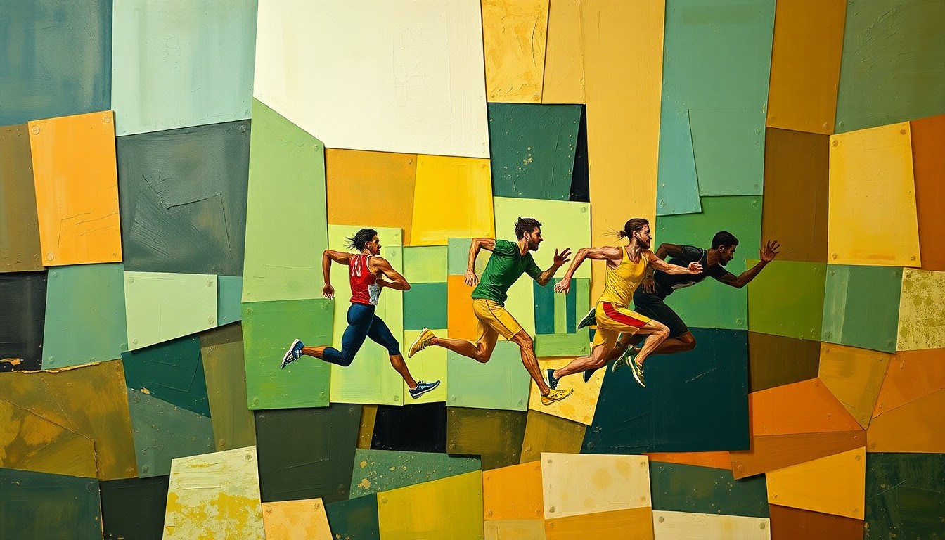 A cubist-style painting featuring fragmented, geometric shapes in shades of green, ochre, and blue, conceptually representing the motion and energy of a running race.