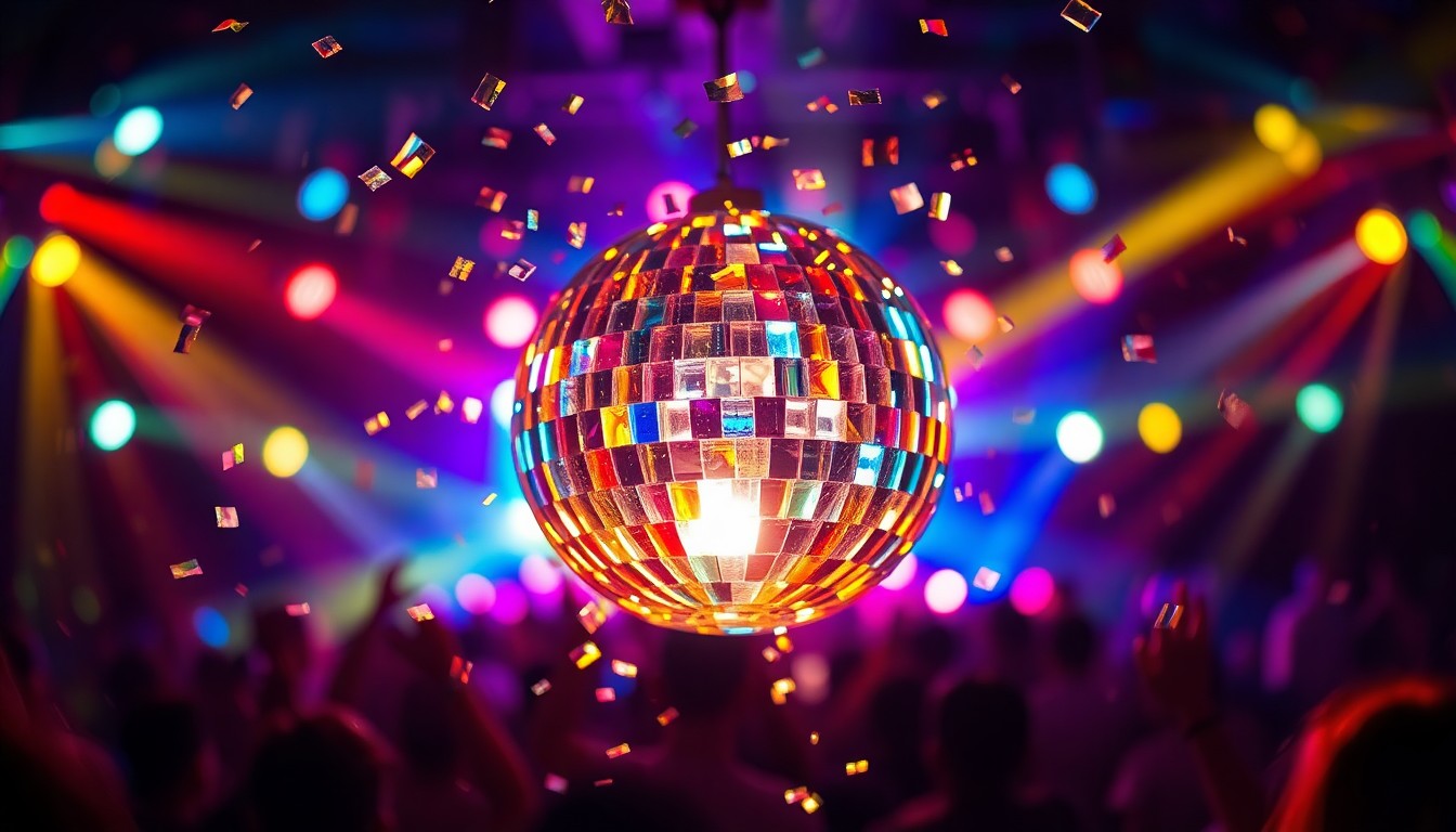 An abstract close-up image of shattered disco ball fragments reflecting colorful stage lights, creating a glitzy, high-fashion aesthetic that evokes the energy and glamour of a nightclub event.