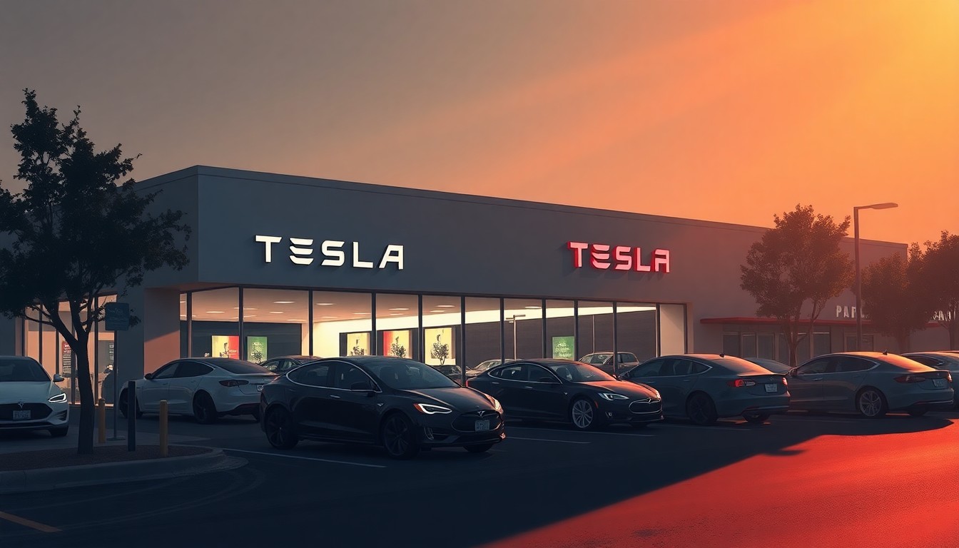 A serene, cinematic painting of a Tesla showroom in Palo Alto, with the storefront bathed in warm, golden light and deep shadows, conveying a sense of quiet contemplation about the role of corporate power in shaping democracy.