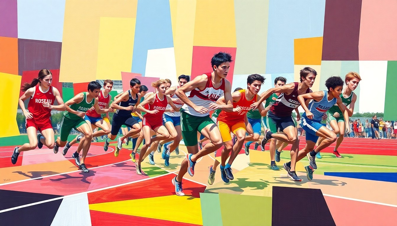 A cubist-style painting depicting high school track and field athletes in motion, with sharp geometric shapes and planes of bright red, blue, and yellow colors representing the Roseau school spirit.