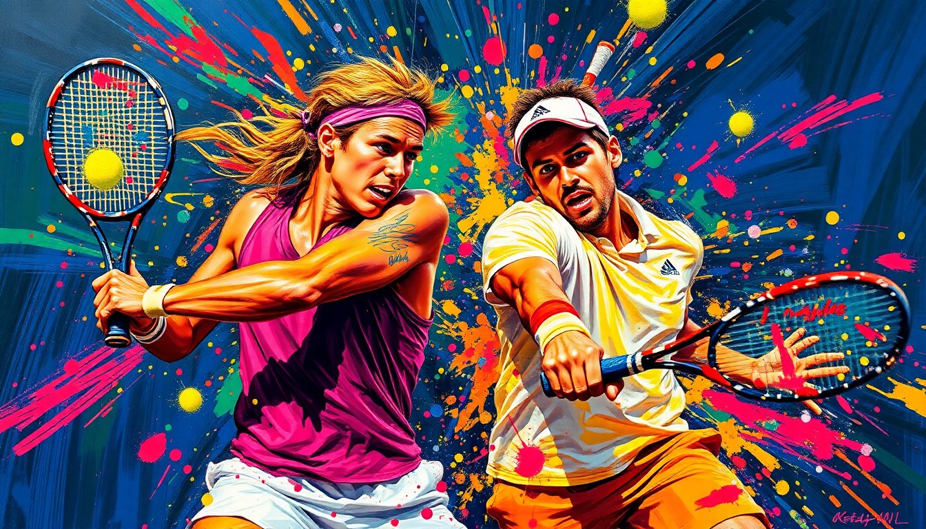 An abstract, energetic painting in vibrant neon colors depicting the intense action and movement of a tennis match, with the players' forms blurred and dissolved into expressive brushstrokes.