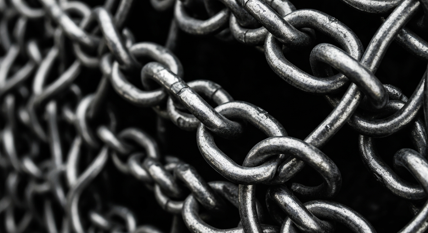 An extreme close-up of a snow chain's interlocking metal links, captured in high contrast with dramatic lighting to convey the rugged durability required for winter driving.
