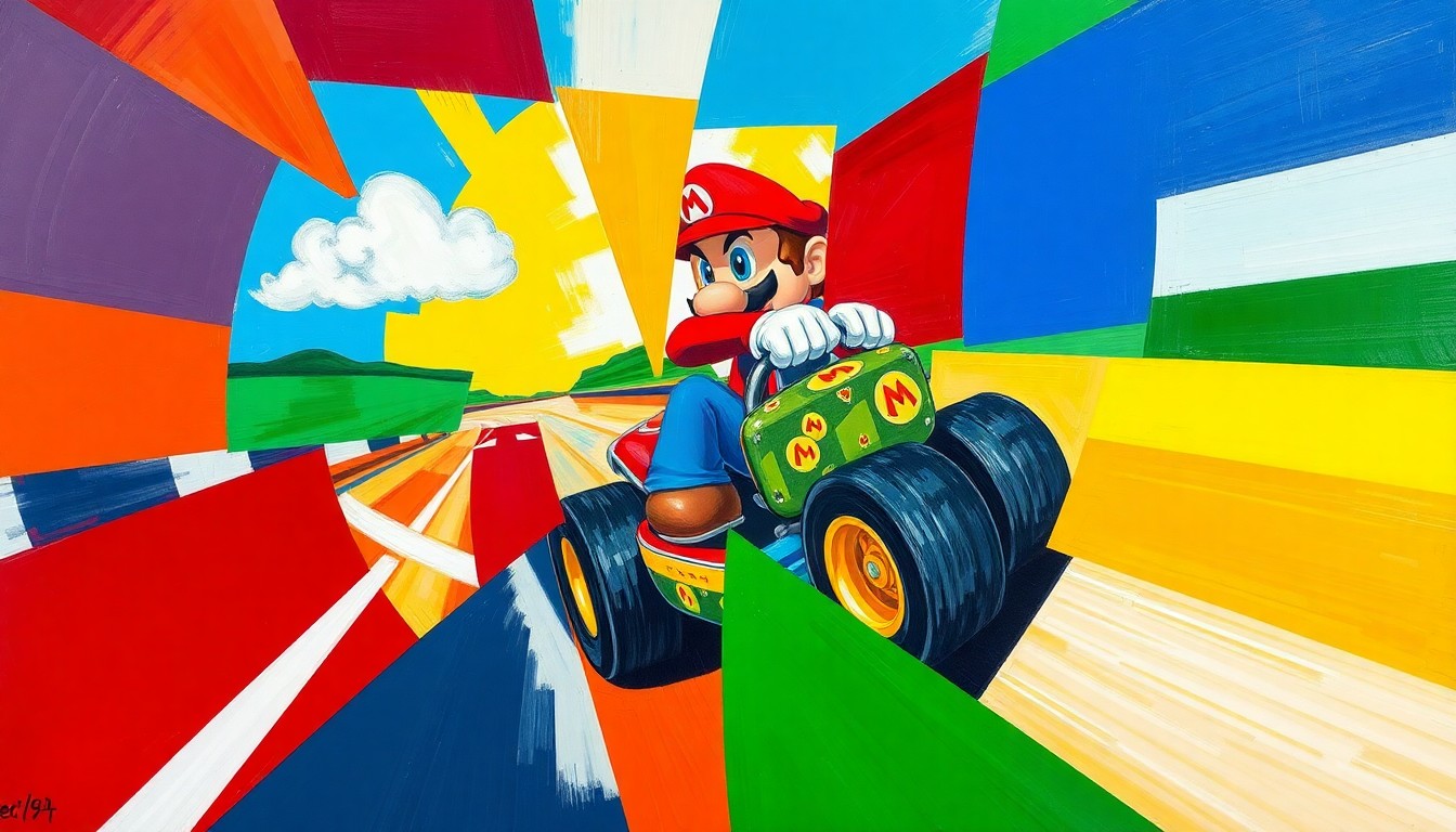 A cubist, geometric painting depicting a Mario Kart race, with the cars and track broken down into overlapping, angular shapes in bright primary colors, conveying the high-energy competition of Esports.