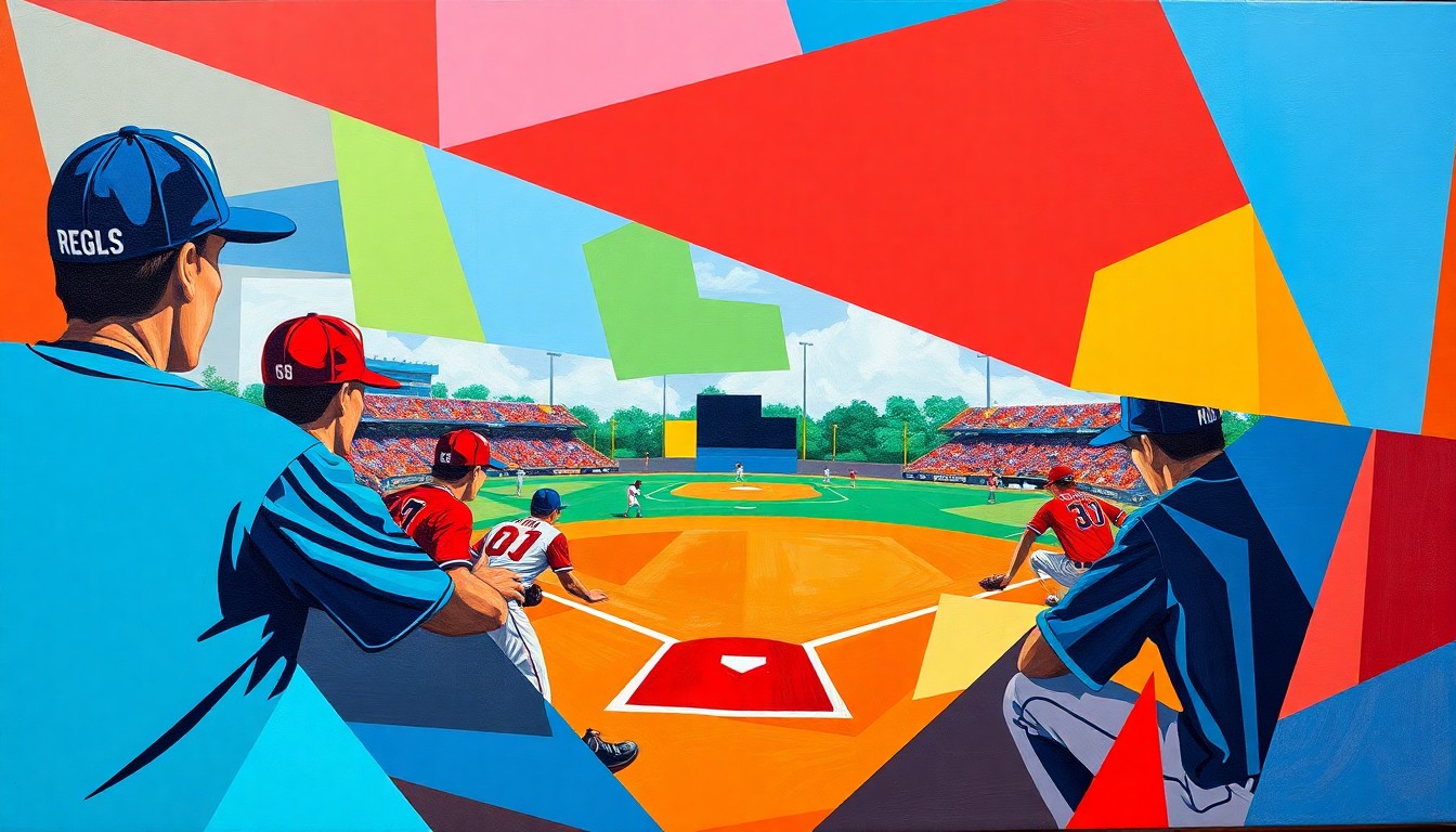 A cubist, geometric painting depicting a high school baseball game, with sharp planes of color representing the players and field of play.