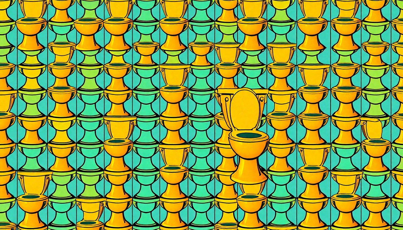 A brightly colored, high-contrast silkscreen print of a golden toilet statue repeated in a tight grid pattern, turning an everyday object into modern pop art with flat, vibrant neon colors and heavy black outlines.