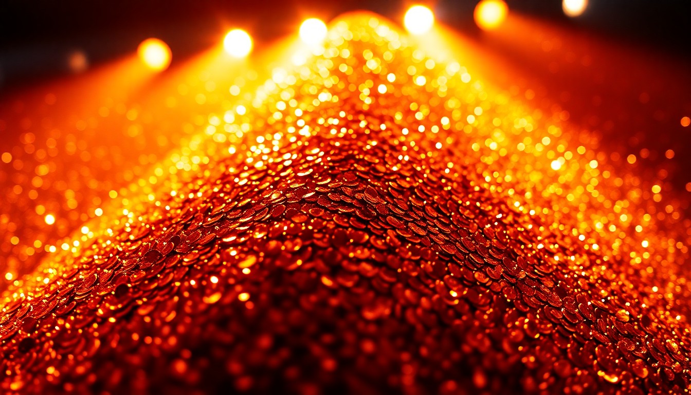 An abstract close-up image of shimmering gold sequins reflecting dramatic studio lighting, conveying the glamour and excitement of a live music performance.