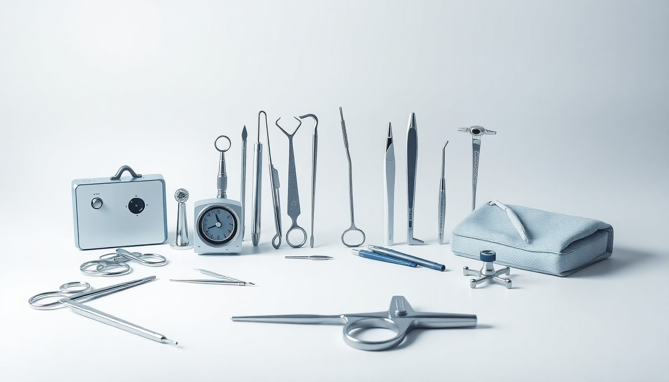 A high-end, photorealistic studio still-life featuring a selection of premium, polished surgical tools and equipment arranged elegantly on a clean, monochromatic background, conceptually representing the advanced technology and materials used in modern operating tables and accessories.