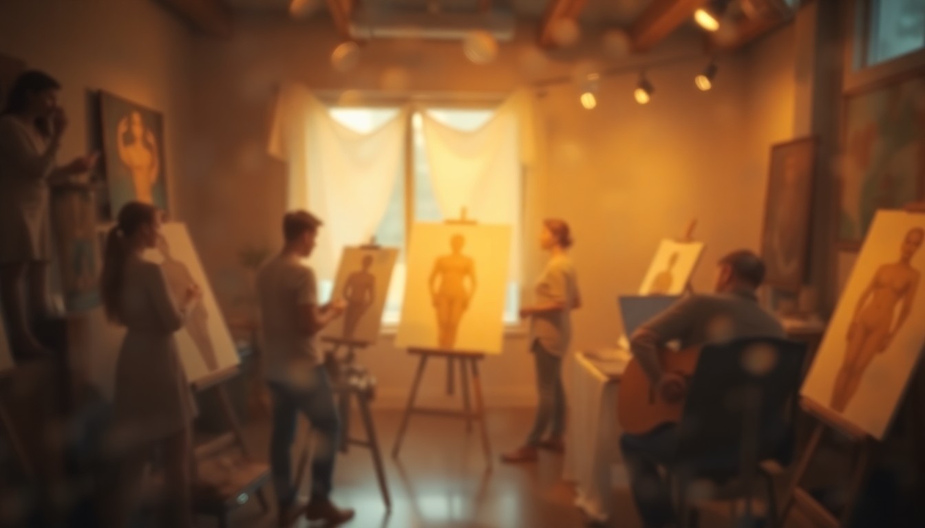 An impressionistic, out-of-focus scene of artists drawing the human form in a studio, with soft, warm light and color creating a dreamlike, atmospheric quality.