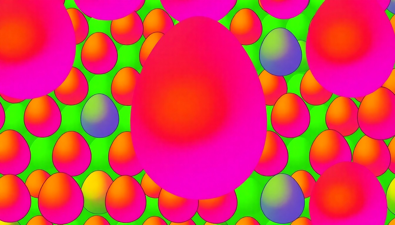 A highly stylized, pop art-inspired illustration featuring a repeating pattern of brightly colored Easter eggs in neon shades of pink, purple, and yellow, conceptually representing the vibrant energy and festive atmosphere of a community Easter celebration.