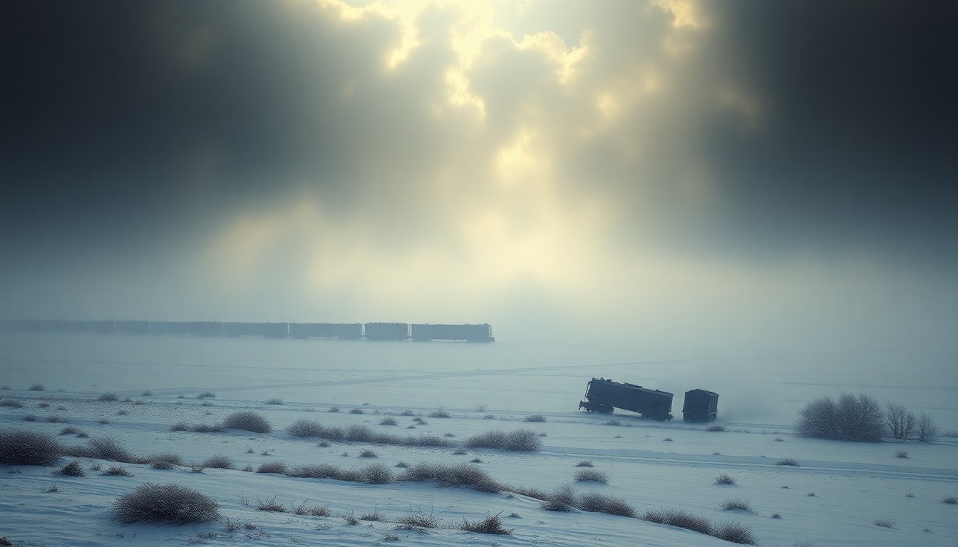 A vast, atmospheric landscape painting in muted tones of grey, white, and blue, depicting a freight train derailment in the distance, partially obscured by heavy fog and dramatic lighting that emphasizes the overwhelming scale of the natural environment.