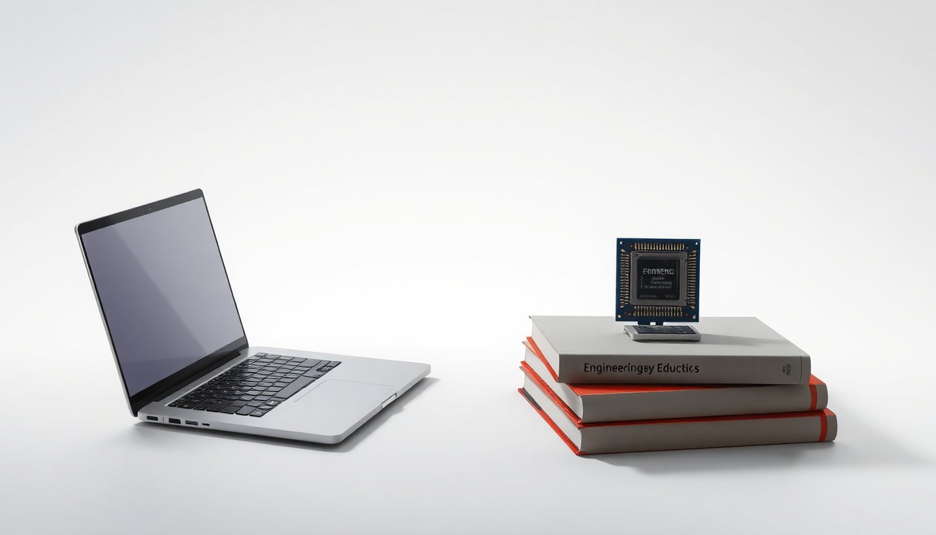 A high-end, photorealistic studio still-life featuring a sleek laptop, engineering textbooks, and a 3D-printed computer chip model, symbolizing the intersection of technology, education, and industry.