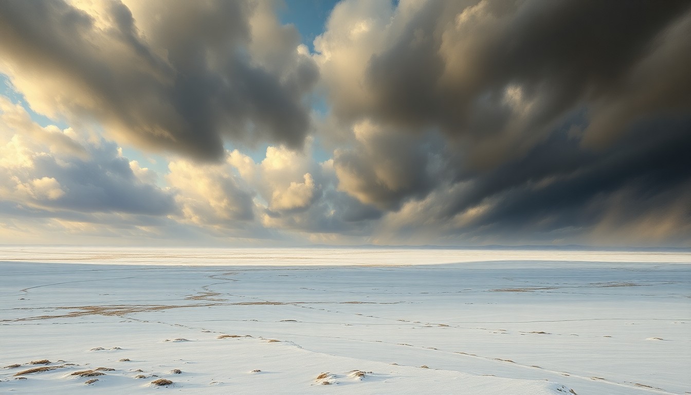 A vast, snow-covered landscape painting with a dramatic, cloudy sky and sweeping brushstrokes, conveying the overwhelming power of the natural environment during a cold front in New Mexico.