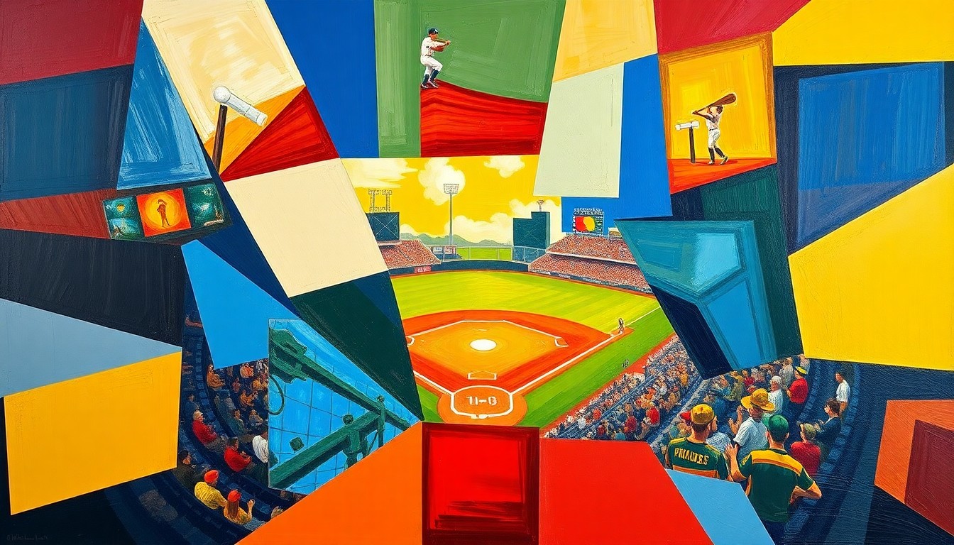 A fragmented, geometric painting in bold colors depicting various baseball actions and players in an abstract, cubist style.