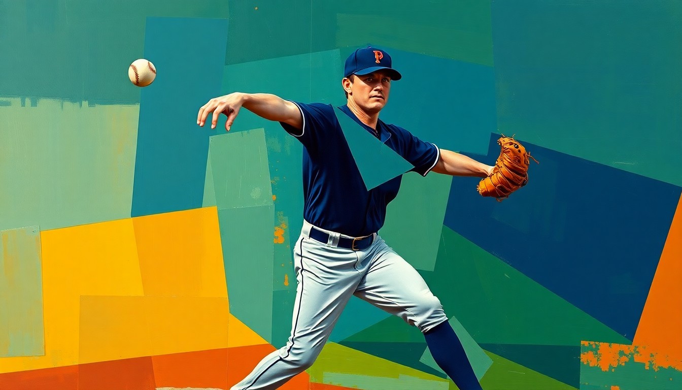 A fractured, geometric painting depicting a baseball pitcher's throwing motion, broken down into sharp, overlapping planes of navy, green, and orange, conveying the complex uncertainty surrounding the player's contract status.