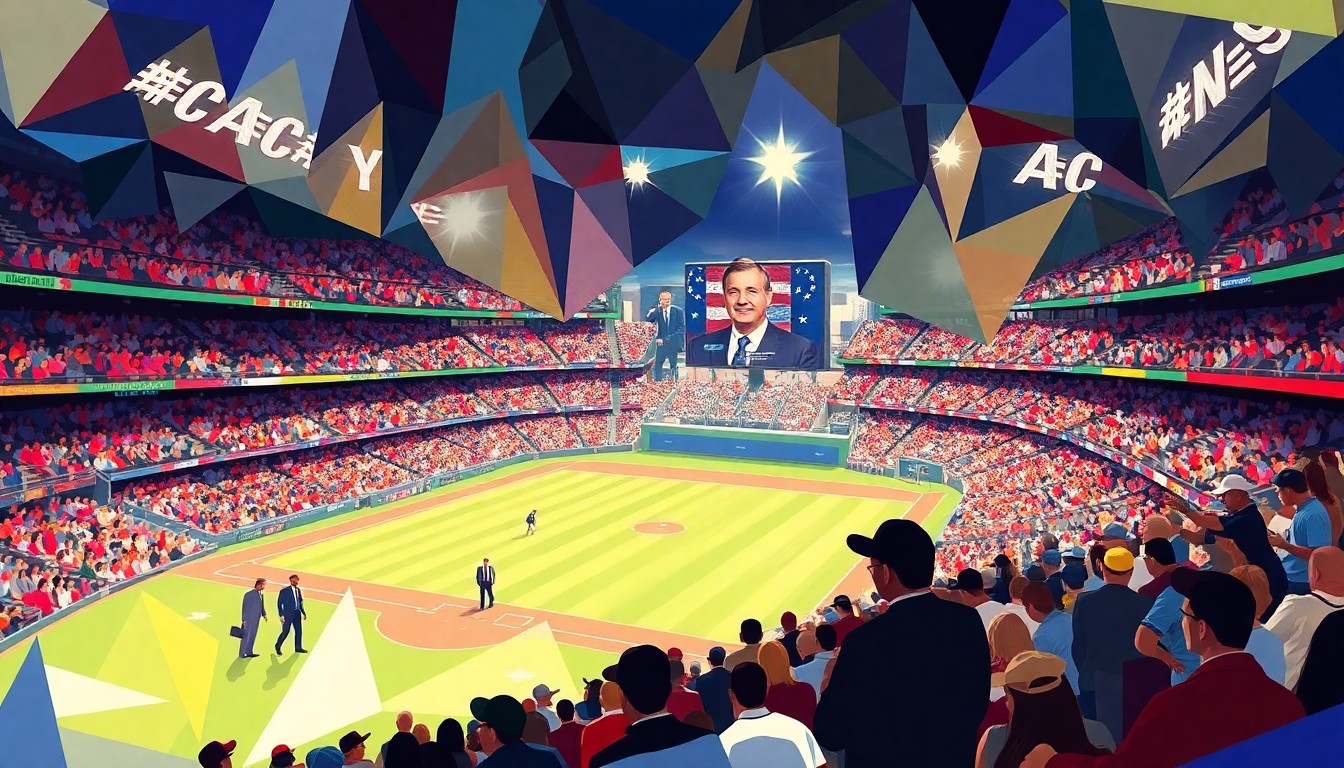 A dynamic, abstract painting depicting the energy and passion of a baseball stadium crowd, with the figures of the governor and mayor barely visible in the background.