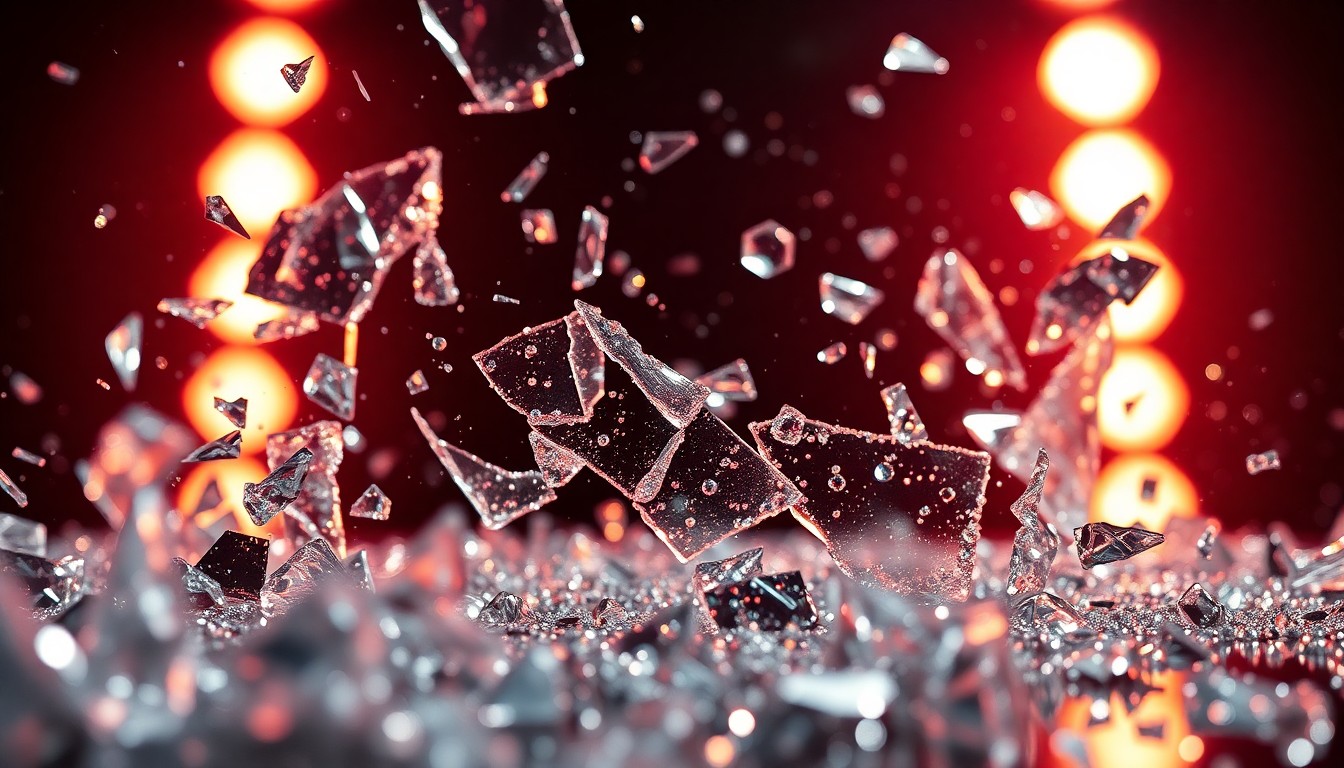 An extreme close-up photograph of shattered glass and glittering sequins, using dramatic lighting to create a high-contrast, abstract image that conveys the glamour and high-stakes drama of the film industry.