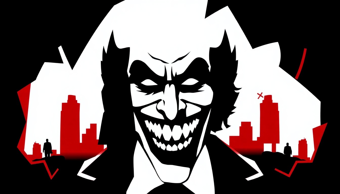 An abstract, minimalist illustration featuring jagged, geometric shapes in bold red and black, conceptually representing the Joker character and the theme of societal collapse.