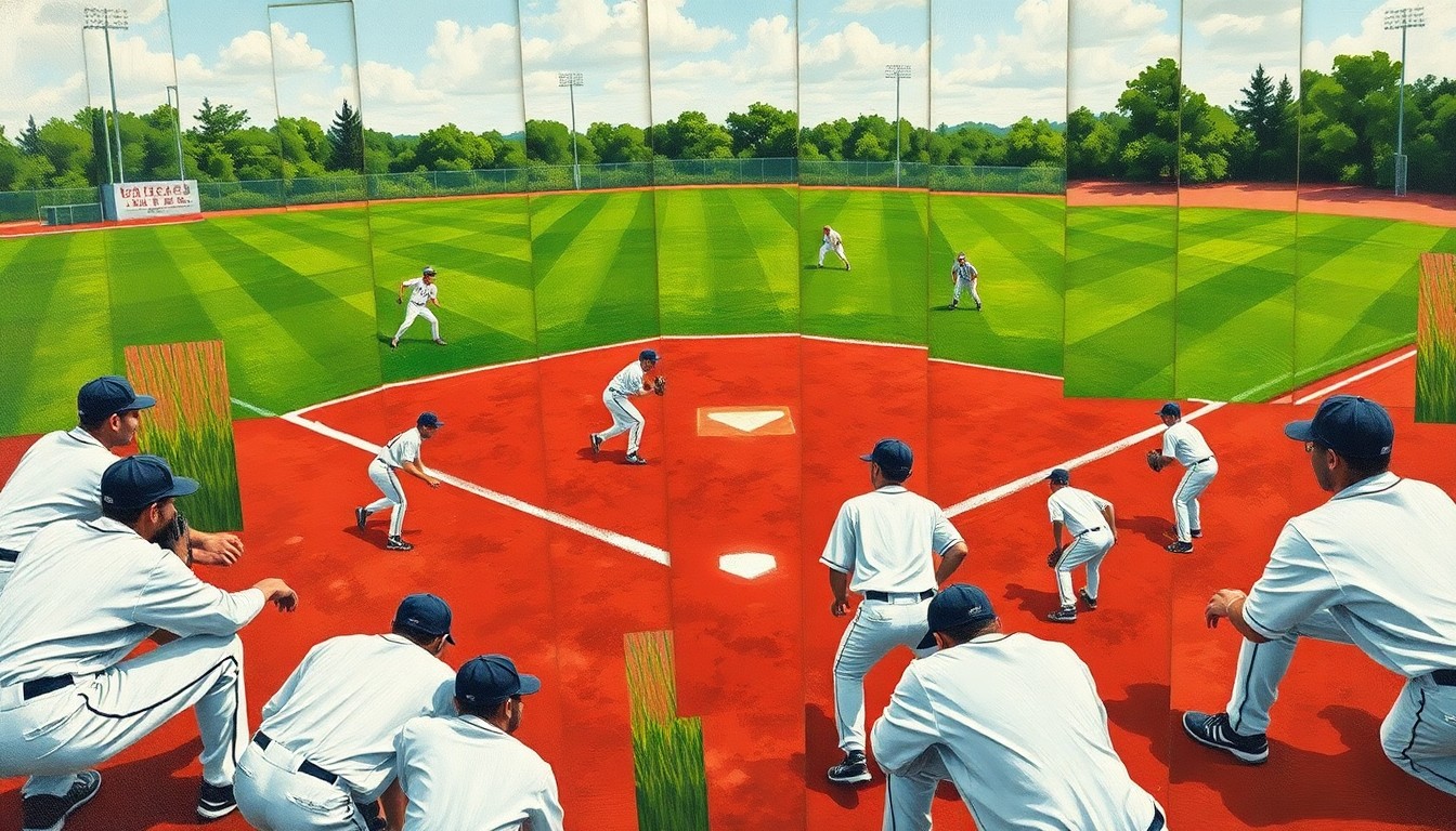 A cubist-style painting featuring sharp, overlapping geometric shapes in shades of green, red, and white, representing the various elements of a high school softball game in an abstract, deconstructed manner.