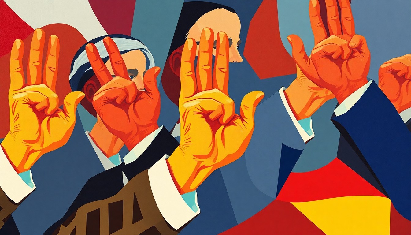 A dynamic, abstract painting featuring an overlapping, fragmented depiction of a politician's hand gesturing, rendered in a bold, geometric style with vibrant, contrasting colors.