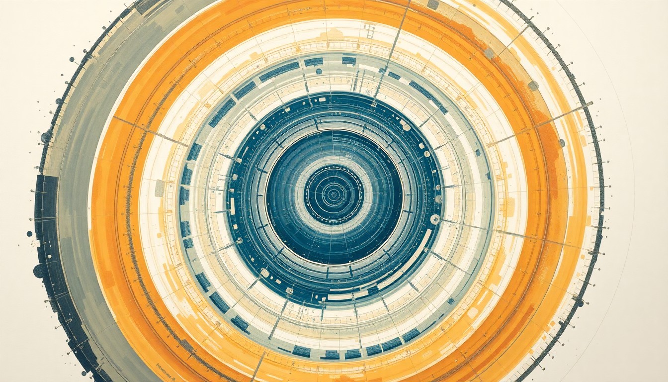 A highly textured, abstract painting in earthy tones of ochre, sage, and indigo, featuring sweeping geometric arcs, concentric circles, and precise botanical spirals, conceptually representing the complex physics and natural forces involved in a rocket launch.