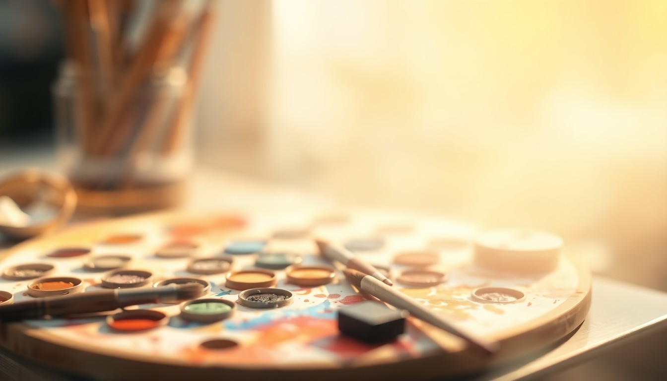 A blurred, impressionistic image of an artist's palette with various watercolor paints and brushes, captured in a warm, diffused light that creates a sense of atmosphere and creative energy.